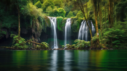 A tranquil oasis of cascading water and lush foliage, the majestic waterfall amidst a forest of trees captures the essence of nature's abundance and the ever-changing beauty of the seasons