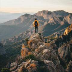 Solo Traveler Contemplating Majestic Mountain Landscape at Sunset