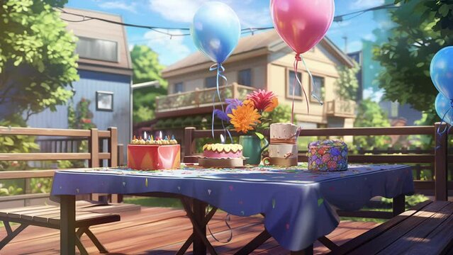 Animated illustration of a birthday party with cake and gifts, in front of the house. Digital painting or cartoon anime style, animated background. 4k loop animated background.