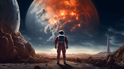 Astronaut standing sitting on the moon lunar surface looking at the fire on earth