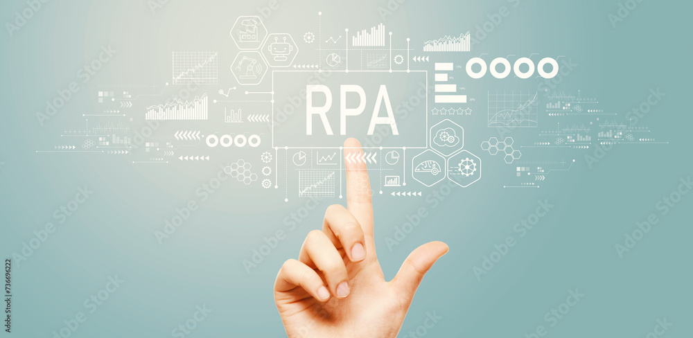 Poster robotic process automation rpa theme with hand pressing a button on a technology screen