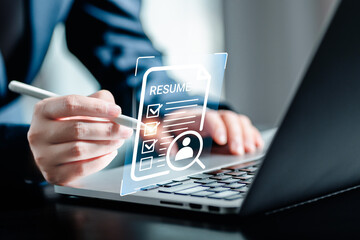 Human Resources Manager checks resumes online via computer laptop, HRM, CRM, Recruitment...