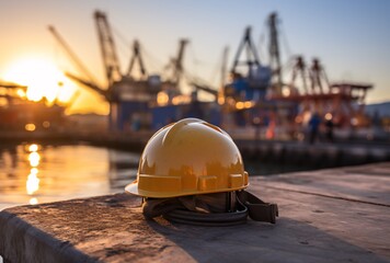 a yellow hard hat on a dock