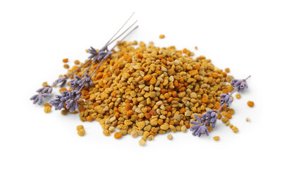 Pile of fresh bee pollen granules and lavender isolated on white