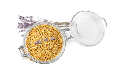 Fresh bee pollen granules in jar and lavender isolated on white, top view