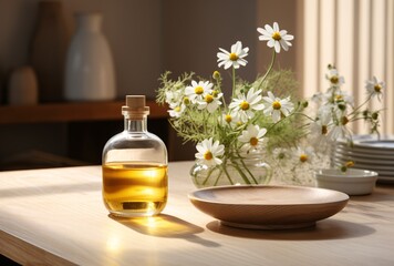Obraz na płótnie Canvas a bottle of oil and a plate of flowers