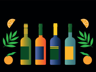 Bright bottles of wine on a black background. Vector illustration.