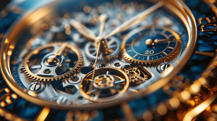 Macro Detail of a Luxury Watch Mechanism with Golden Gears - obrazy, fototapety, plakaty