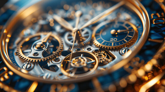 Macro Detail of a Luxury Watch Mechanism with Golden Gears