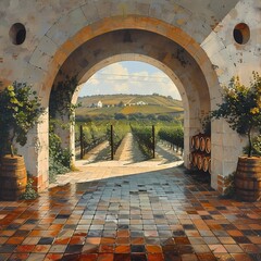 Idyllic Vineyard View Through Rustic Stone Archway with Wine Barrels