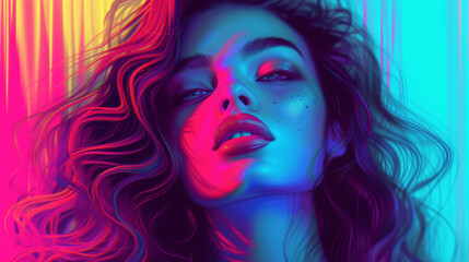 Fototapeta premium Vibrant Neon Portrait of a Young Woman with Flowing Hair
