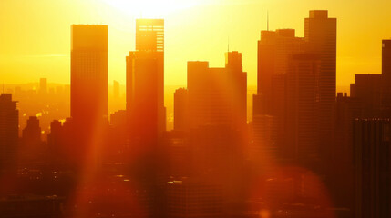 Fototapeta na wymiar Dramatic shadows cast by the rising sun on the city skyline.