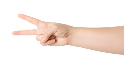 Playing rock, paper and scissors. Woman making scissors with her fingers on white background,...