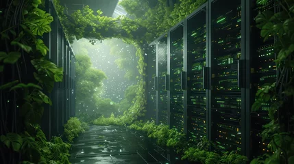 Fotobehang Eco-friendly server room nestled in a lush forest with vines intertwining among racks and natural cooling © chayantorn