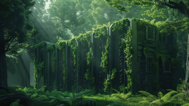 Eco-friendly server room nestled in a lush forest with vines intertwining among racks and natural cooling