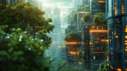 Urban jungle integrated with edge computing nodes blending technology with nature for localized data processing