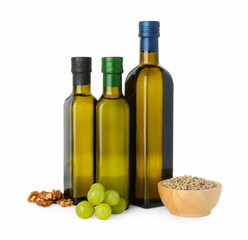 Vegetable fats. Bottles of different cooking oils and ingredients isolated on white