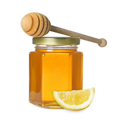 Honey in glass jar, dipper and lemon isolated on white