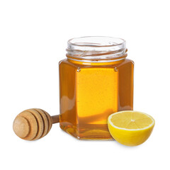 Honey in glass jar, dipper and lemon isolated on white