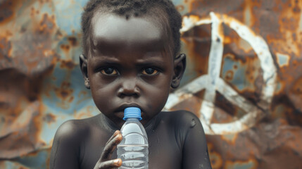 Ein kleines schwarzes armes Kind mit einer Wasserflasche. Im Hintergrund das Friedenssymbol (Peace-Zeichen). Der Welttag des Wassers trägt 2024 das Motto 