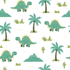 Seamless pattern of cute colorful dinosaurs with floral and geometric elements palms, mountains, clouds, leaves.