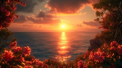 Sunset serenade from high cliff with radiant sea view and blooming flowers - obrazy, fototapety, plakaty
