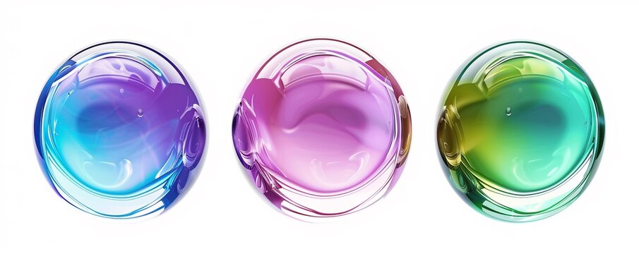 Set of three colorful metallic glass liquid bubble isolated on white background in a row, colorful circle round frames.