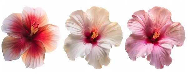 Set of three colorful beautiful live gladiolus hibiscus flowers isolated on white background.
