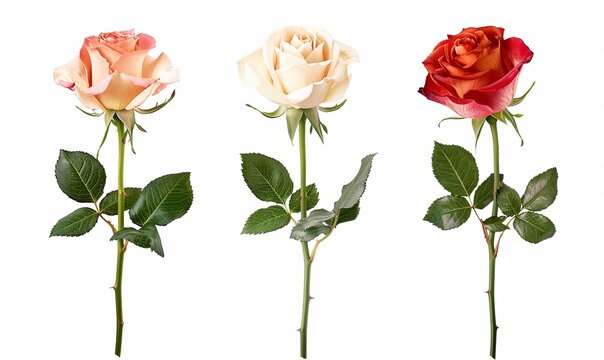 Set of three beautiful vivid roses in red, pink and yellow on long stems with green leaves isolated on white background. 
