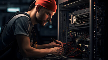network engineer admin works with server equipment - obrazy, fototapety, plakaty