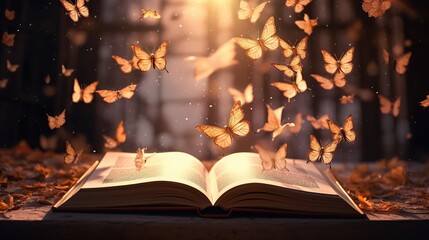 Glowing butterfly flying over open book page on bokeh background