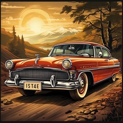 American style vintage poster of a retro 50's car in the countryside.