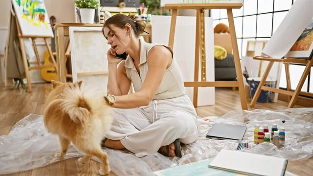 Young hispanic female artist earnestly talking on smartphone while sitting with her dog on studio floor amidst paints and canvas