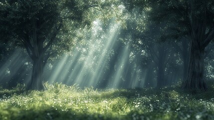 Fototapeta na wymiar Enchanting sunbeams break through a serene grove highlighting a fairy tale woodland.