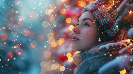 Sparkling Winter Wonderland: A Woman Admiring Festive Decorated Trees During the Holidays