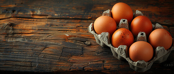 Chicken eggs in paper blister on old wooden table with copy space. - obrazy, fototapety, plakaty