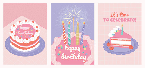 Set of birthday party cake greeting card designs