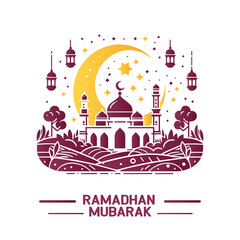 Ramadan Mubarak greeting card featuring mosque and moon. Perfect for social media posts, festive emails, and cultural websites.