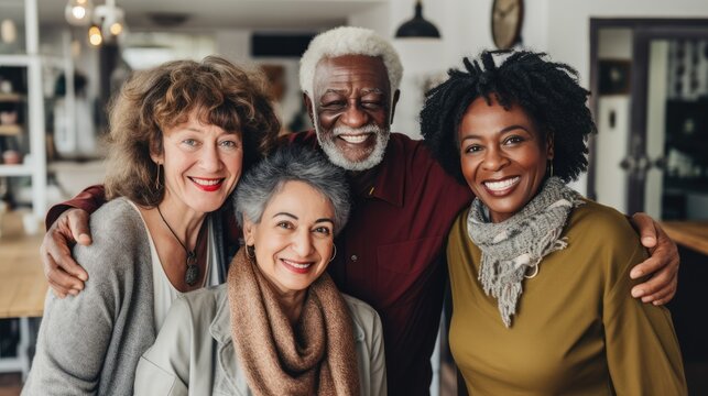 Work team of senior citizens. Coworkers enjoying a cup of coffee, work meeting.