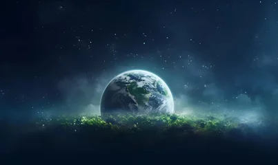 Fototapete Vollmond und Bäume earth with green environment for earth day copy space