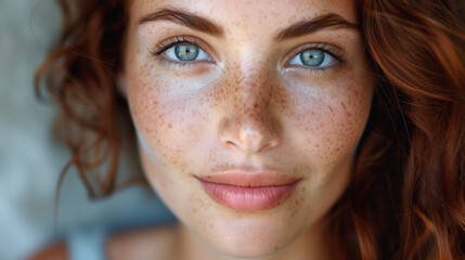 A woman's face with highly visible freckles. Close-up shot. cosmetic shot, beauty industry advertising photo.