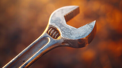 Adjustable Wrench in Action: A Tool's Craftsmanship Under the Afternoon Sun - Ideal Background for Text in Mechanical and DIY Themes