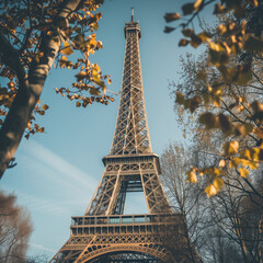 Autumnal View of the Eiffel Tower Through Golden Leaves