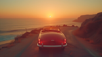 road trip with an old vintage retro car, classic car, summer trip, travel concept, classic car at sunset by the ocean - obrazy, fototapety, plakaty