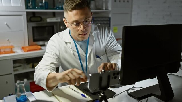 Focused young hispanic man researching in a lab with computer, beaker, and notebook at night.
