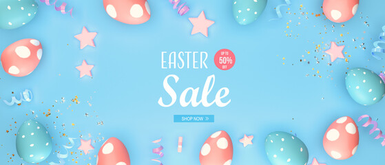 Easter sale message with Easter eggs with spring holiday pastel colors - 3D render - 736710006