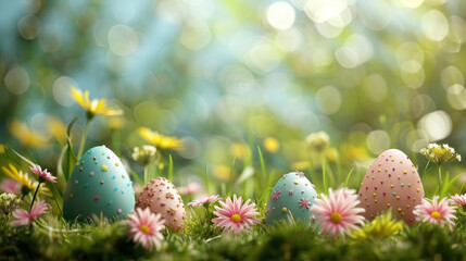 Easter Eggs on Spring Grass.
Pastel Easter eggs in spring grass with daisies and sunlight.