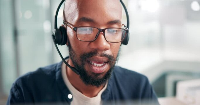 Call center, telemarketing and customer service with black man, communication and connection in workplace. African person, consultant or insurance agent with help desk, headphones and tech support