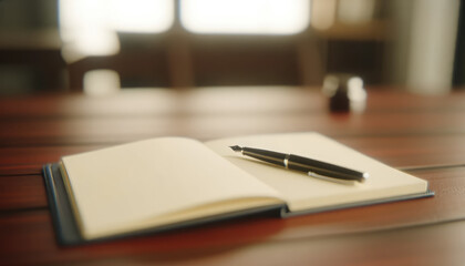 Open Notebook with a Fountain Pen on a Wooden Desk