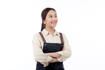 Portrait young asian barista woman wearing apron standing and smile isolated white background, waitress or entrepreneur cheerful, small business or startup, waiter of cafe or coffee shop.